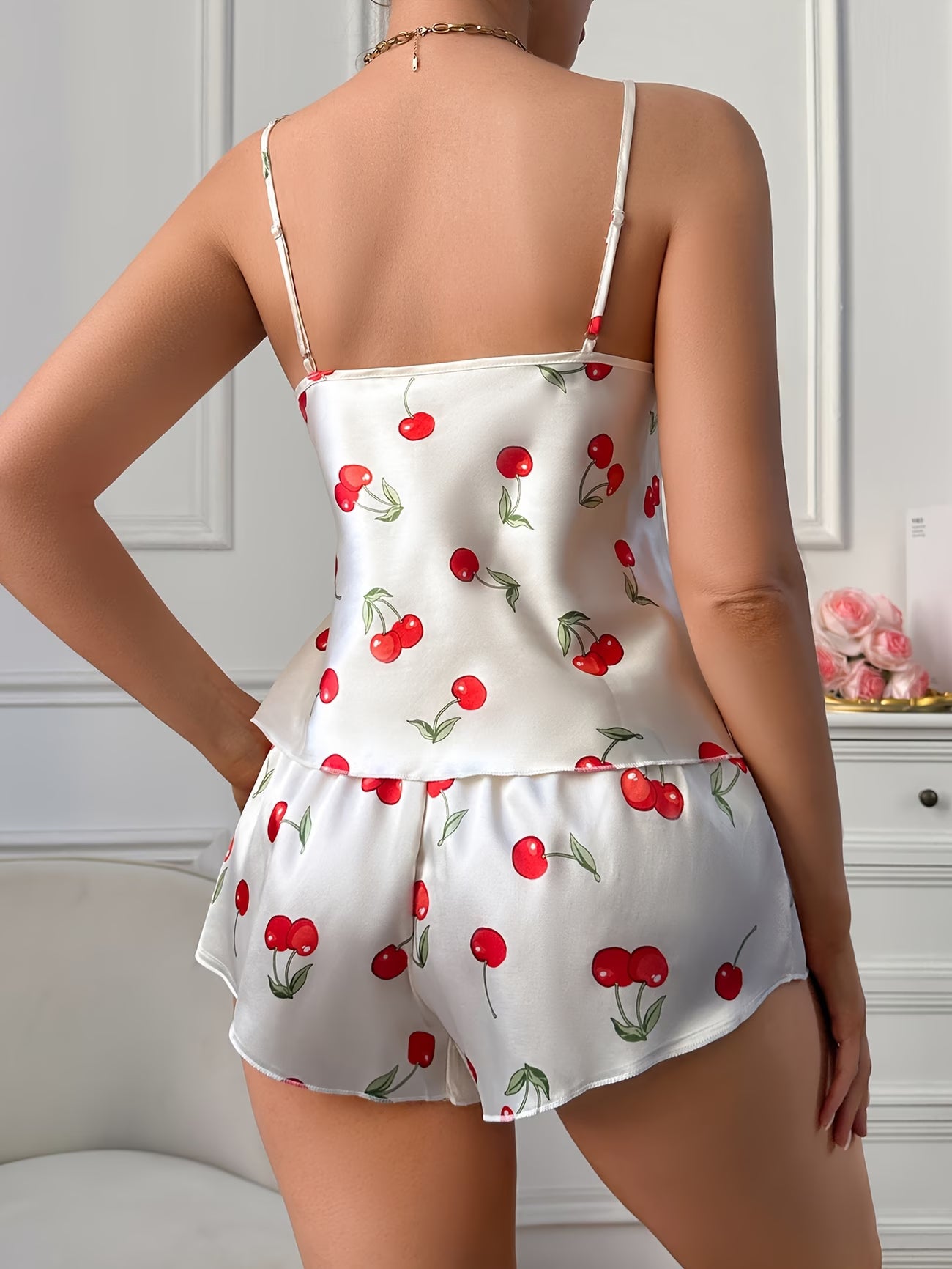 Luxury Satin Cherry Pajama Set – Elegant 2-Piece Sleepwear with Adjustable Straps