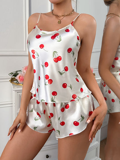 Luxury Satin Cherry Pajama Set – Elegant 2-Piece Sleepwear with Adjustable Straps